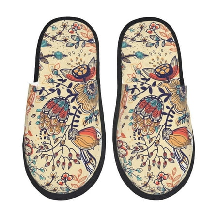 Balery Floral With Birds And Fantasy Flowers Slient Indoor Furry Fleece Comfort House Shoes Soft Non-Slip Home Shoes Cotton slippers House Slippers-- Medium