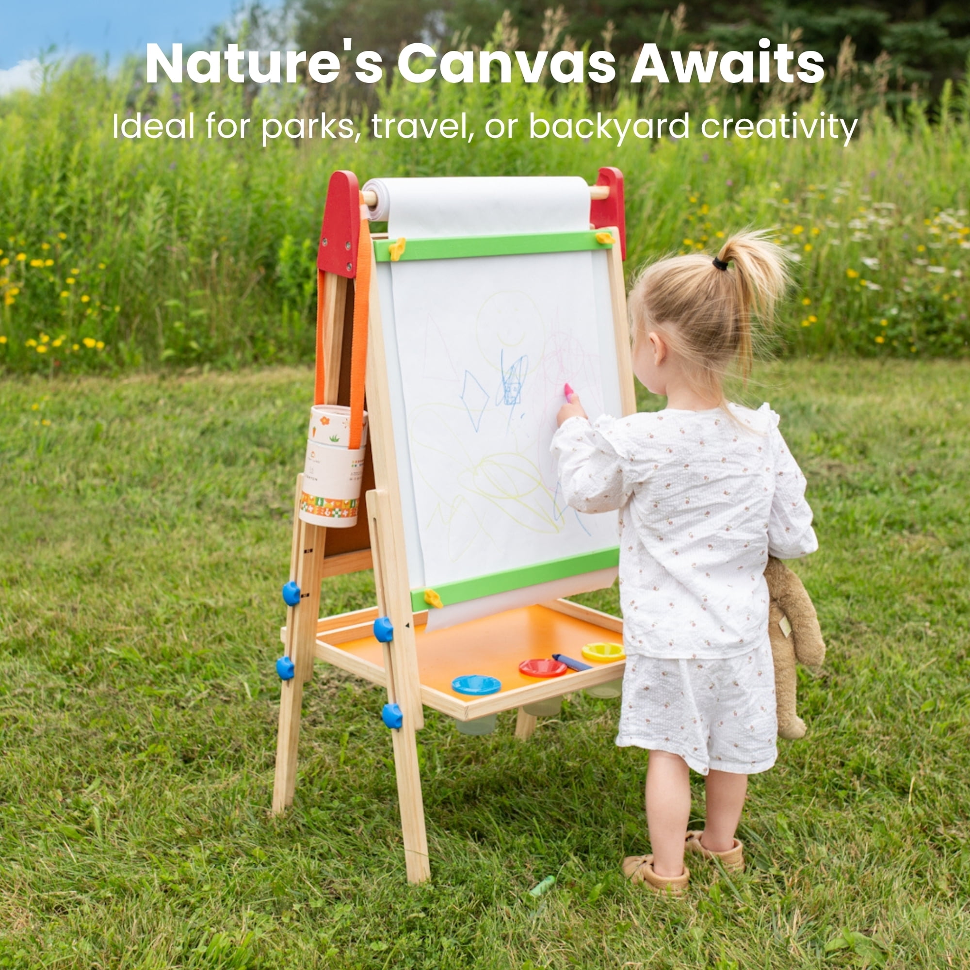 Tiny Land Kids Art Easel with Paper Rolls, Chalkboard & Magnetic Whiteboard for Ages 3-8