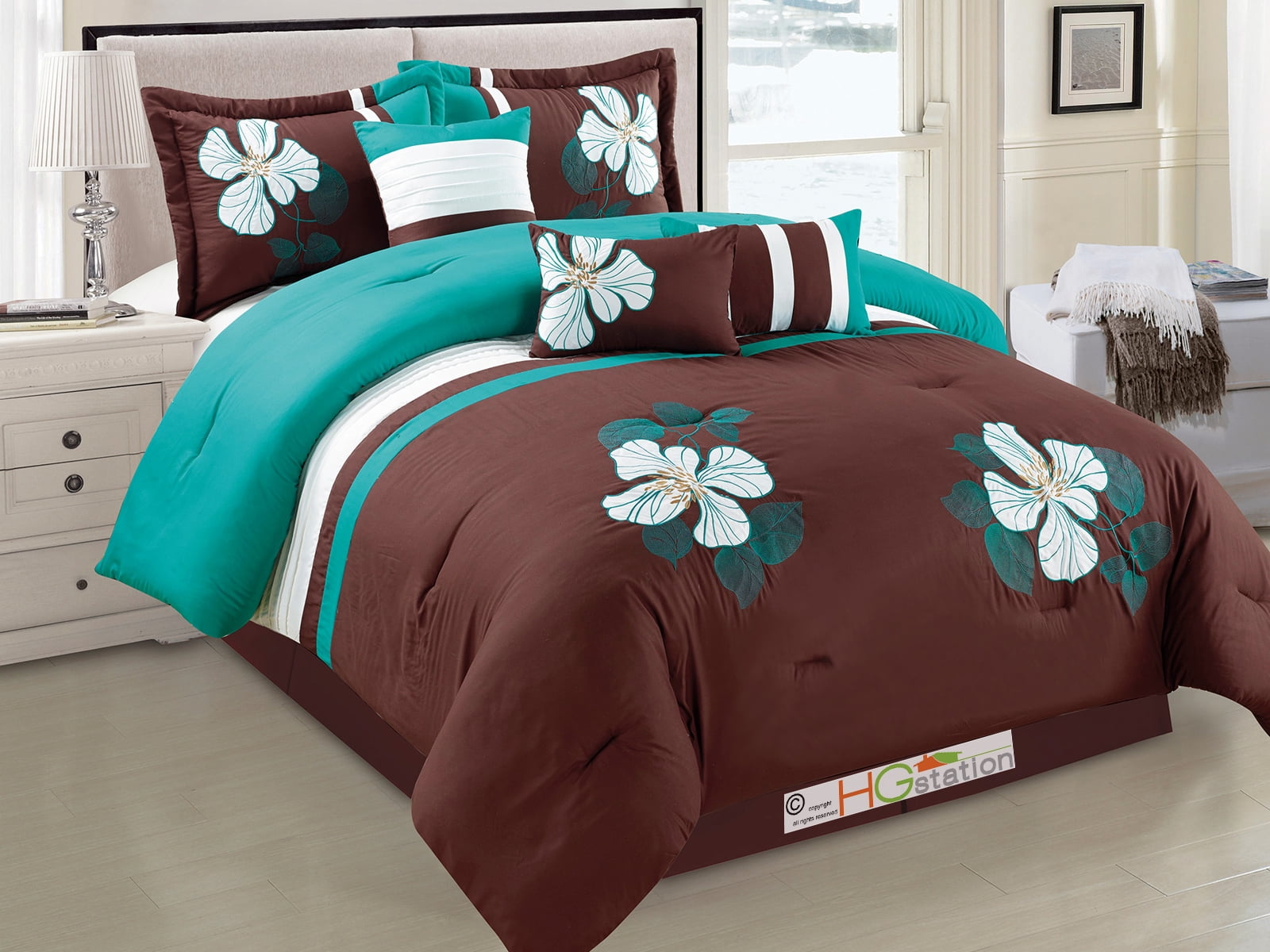 7Pc Applique Embroidery Floral Blossom Pleated Comforter Set Brown Teal Blue White Queen