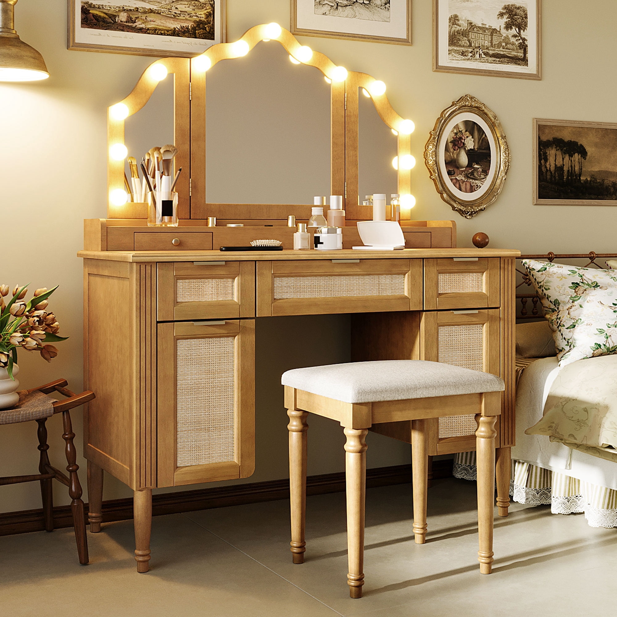 Mintazer 44" Makeup Vanity Set with Tri-Fold LED Mirror & Charging Station, Dressing Table with 5 Drawers & 2 Cabinets and Stool, Makeup Vanity Desk with Hollywood Bulbs for Bedroom, Natural