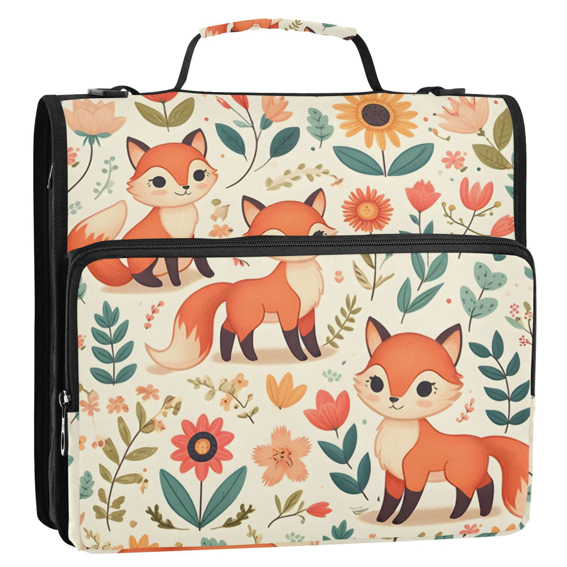 3 Ring Zipper Binder with Shoulder Strap Waterproof Trapper Keeper 2 Inch D-Ring 500 Sheets Capacity Cute Foxes Flower Leaf