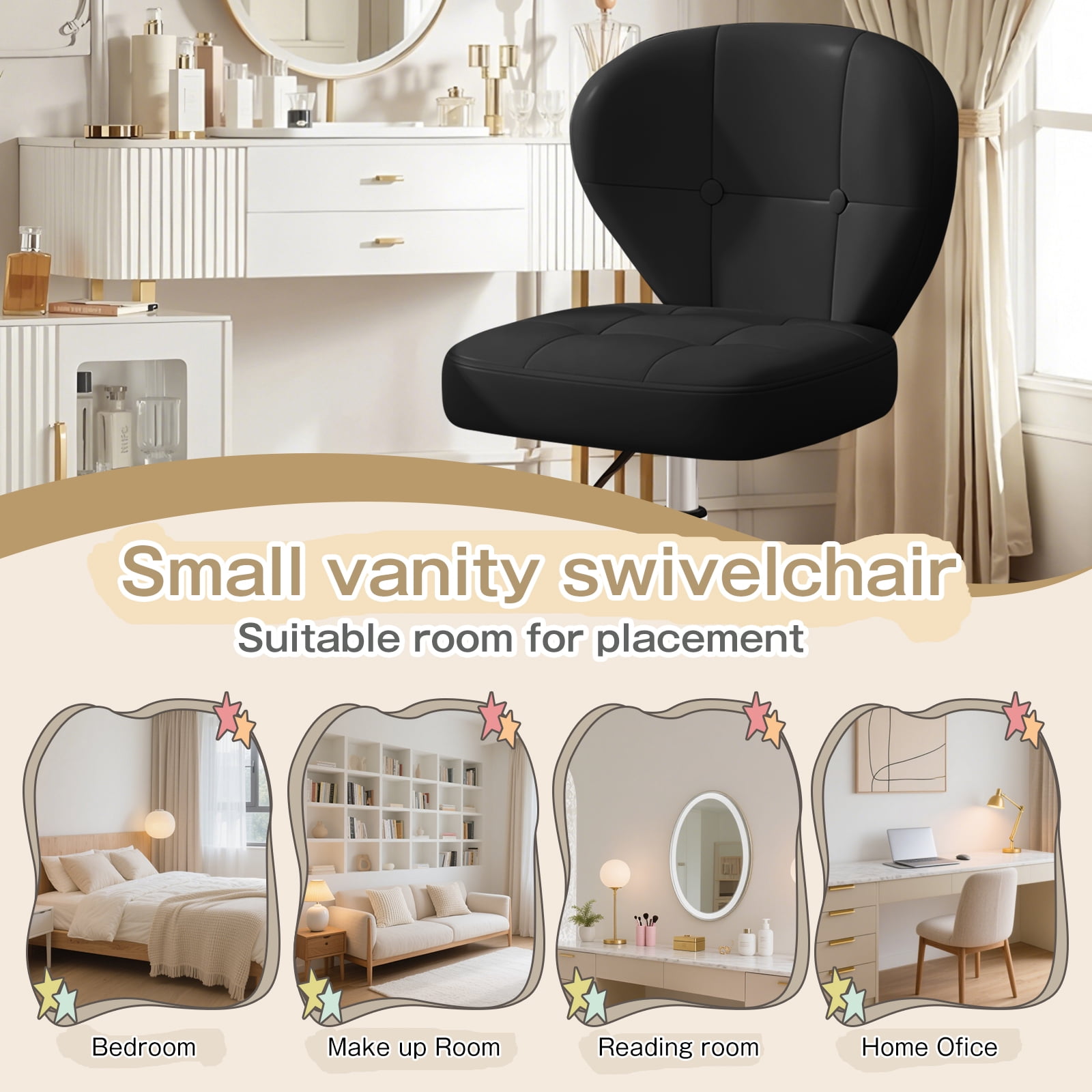 Vanity Chair with Back – Small Armless Office Chair with Wheels, Lumbar Support, PU Leather, Adjustable Height, 360° Swivel for Home, Bedroom, Office Black