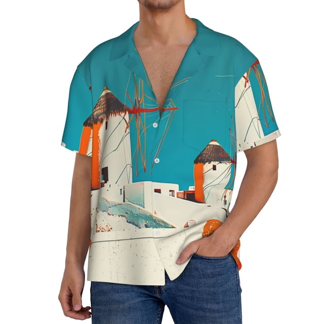 Fotbe Colorful Greek Windmills Camisa Estampada de Manga Corta para Hombre, Casual de Verano, Estilo Playero, Sin Arrugas-X-Large