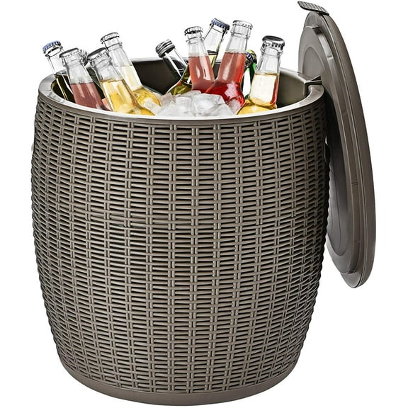 FASCK 9.5 Gallon Ice Cooler, Wicker Round Ice Chest, Outdoor Beer Wine Ice Bucket, Top Lid Side Handles Drainage Plug, Weather-resistant Patio Cool Bar Table for Cocktail Party Poolside Deck