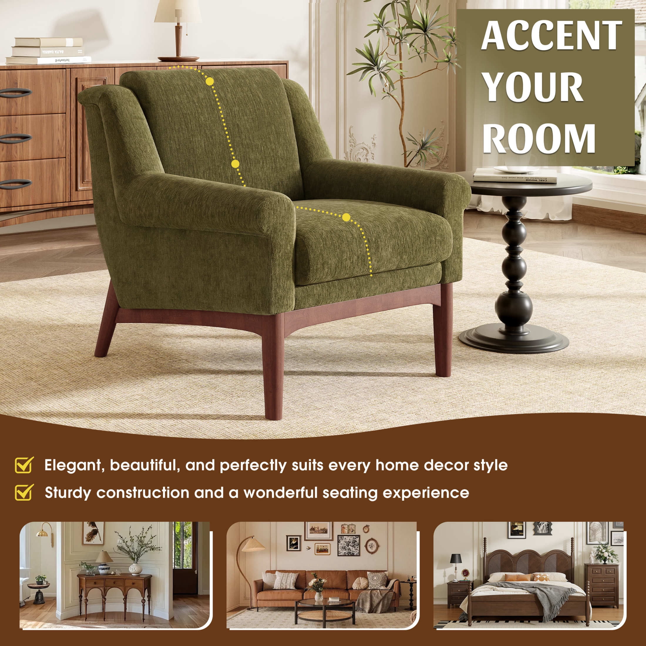 Noble House Nesta Mid-Century Modern Accent Chair with Flared Arms, Ergonomic Reading Chair for Living Room, Green