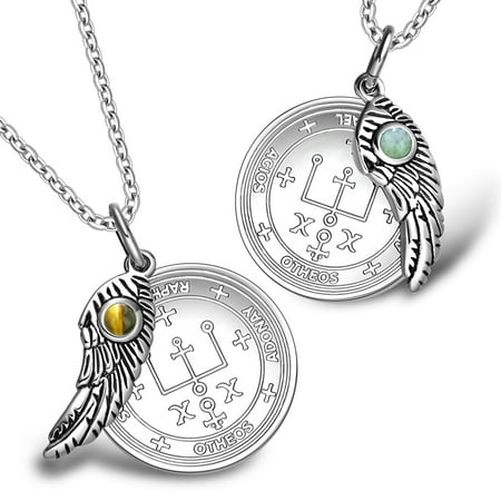 - Love Couples Archangel Raphael Sigils Amulets Set Angel Wings Tiger Eye and Green Quartz Charm Necklaces
