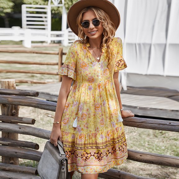 Summer Dresses for Women Maxi Dress V-Neck Short-Sleeved Bohemian Dress Short Skirt A-Line Skirt