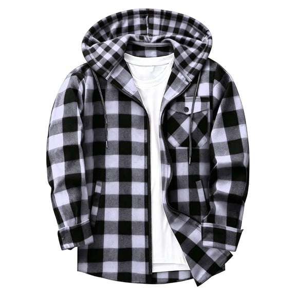 LYSMORA Mens Plaid Zip Up Hooded Shacket Drawstring Hood Chest Pocket Long Sleeve Casual Outdoor Shirt Jacket