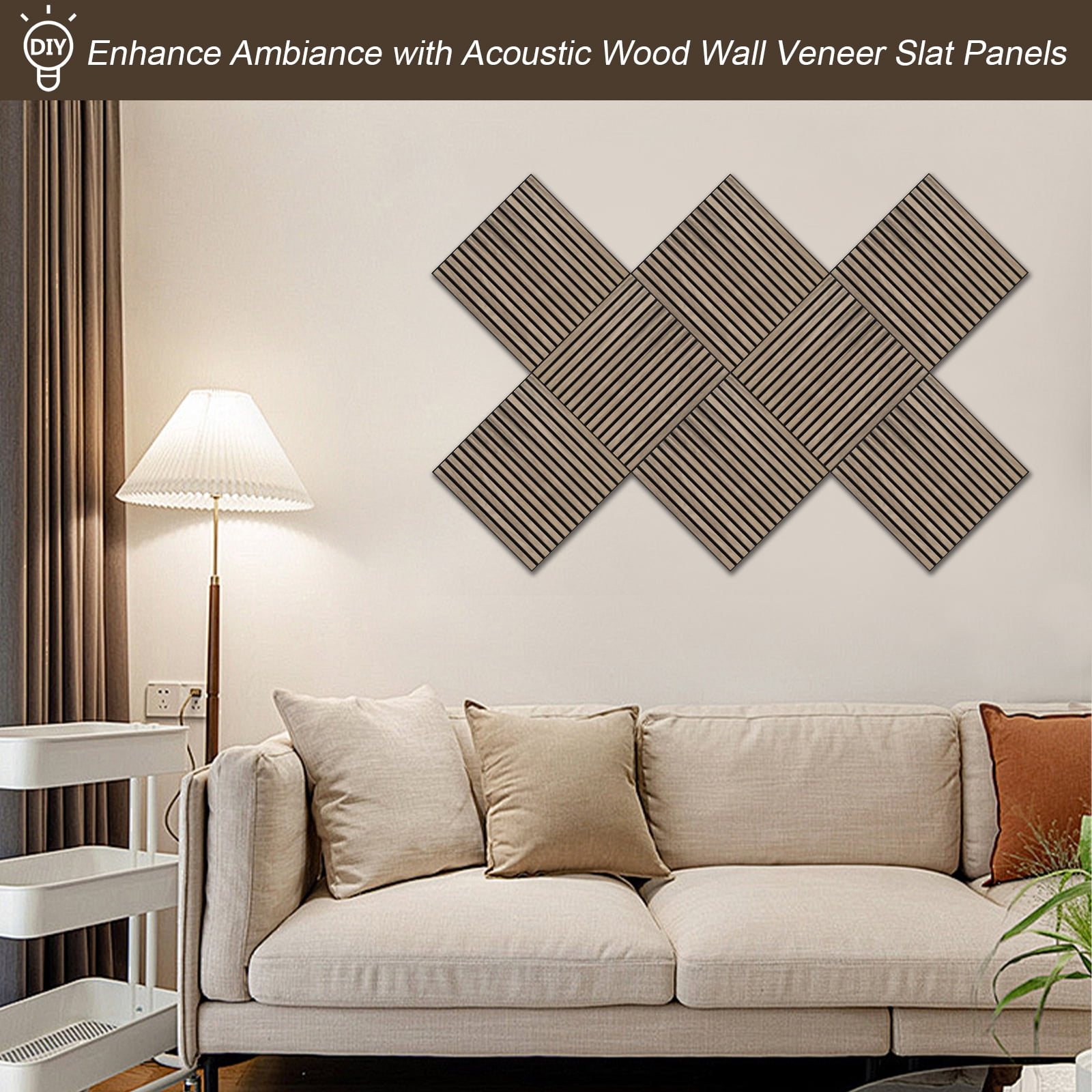 UNISOAR 23.6" x 23.6" Genuine Wood Veneer Acoustic DIY Wall Panels 3D Slat Decorative (4 Pcs)