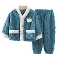 thumbnail image 2 of Kids Girls Boy Winter Flannel Set Long Sleeve Thermal Fleece Lined Top Solid Color Pants 2-Piece Outfit, Warm Homewear for Boys and Girls Blue 4-5 Years, 2 of 5