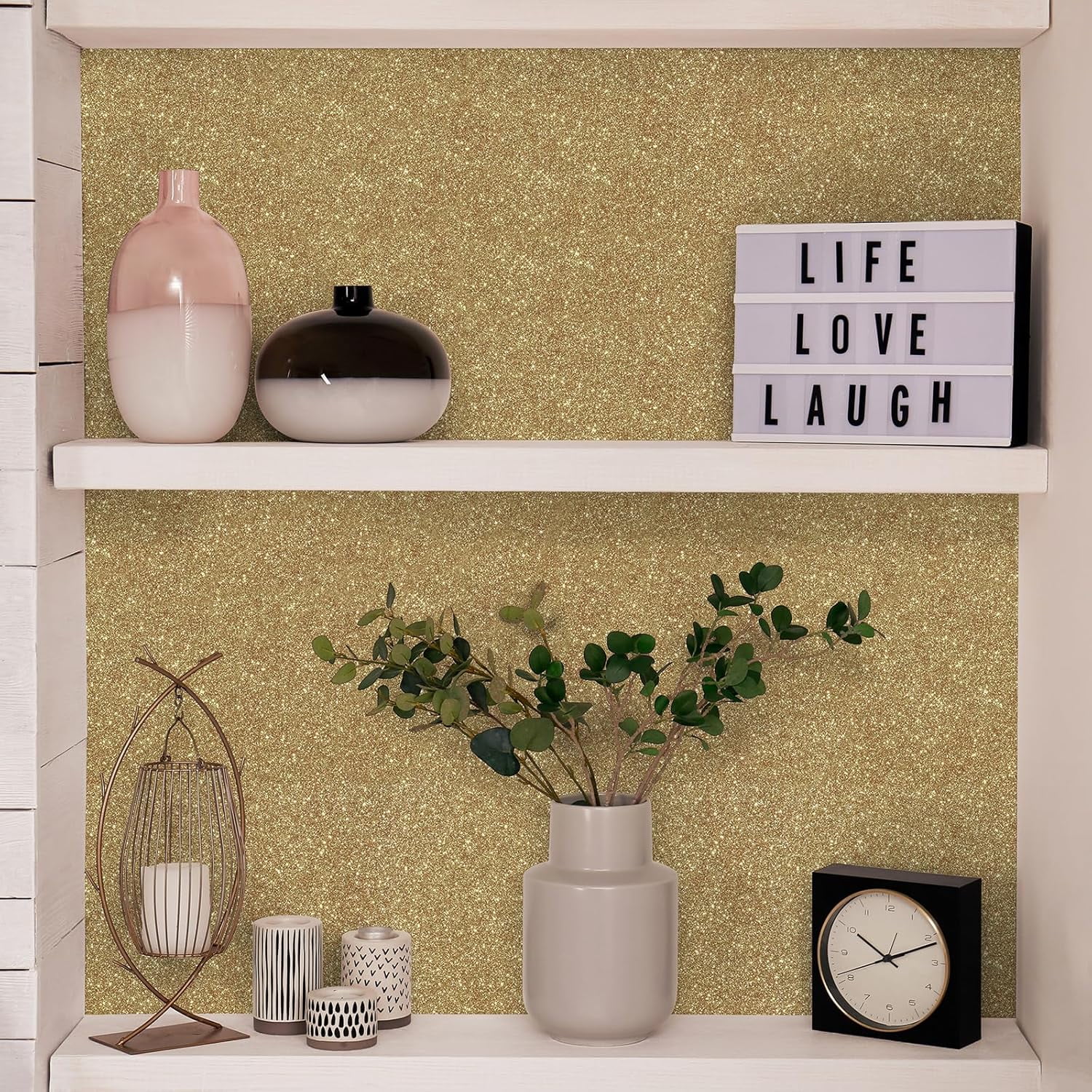 15.7''x236'' Champagne Gold Glitter Contact Paper Peel and Stick Glitter Wallpaper for Bedroom Self Adhesive Removable Fabric Wallpaper Decorative Sparkle Wall Paper for DIY Crafts Dresser