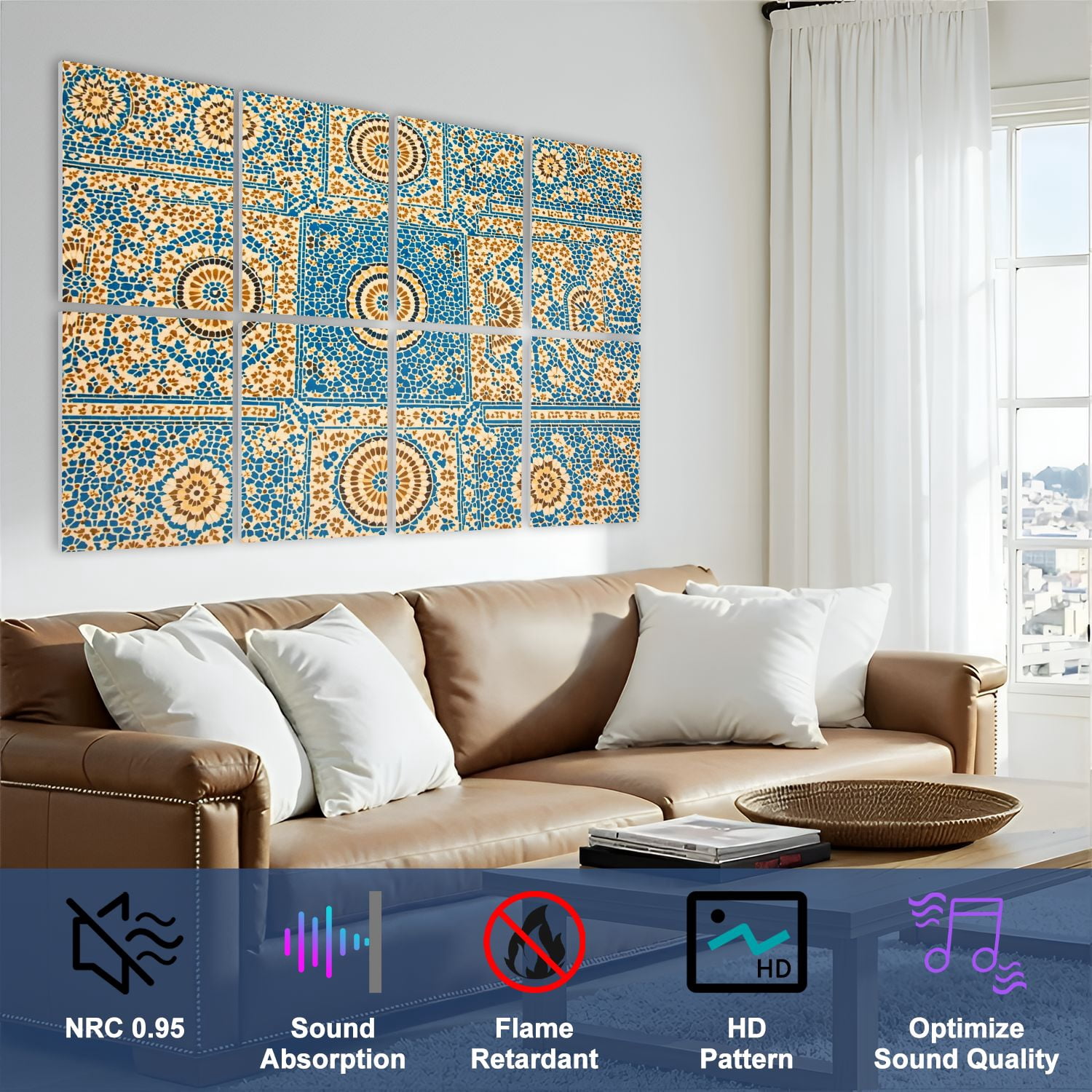 8 Pack Art Acoustic Panels Sound Absorbing moroccan vintage tile Decorative Soundproof Wall Panels Self Adhesive for Nursery Game Room Bedroom 48"x32"