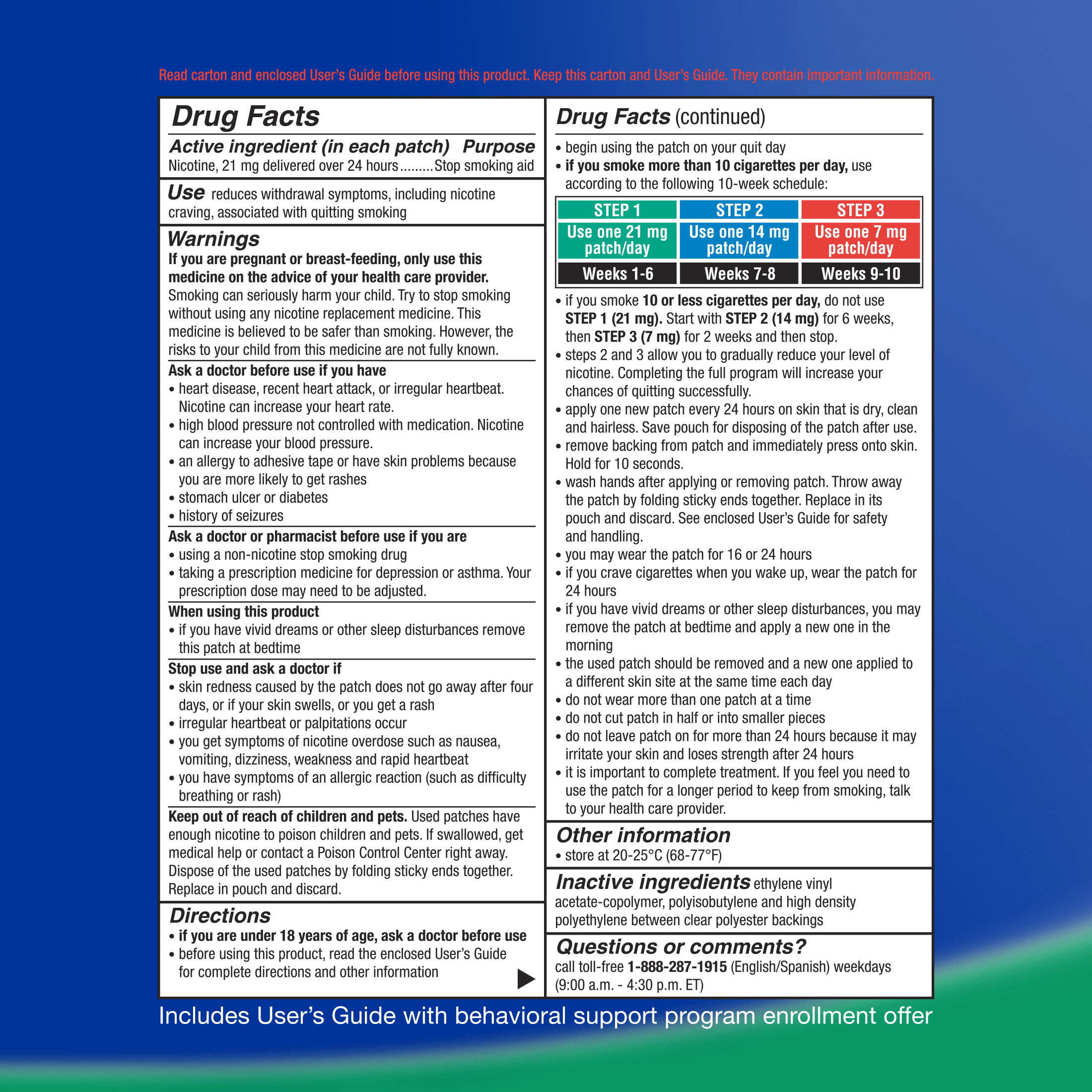 Equate Nicotine Transdermal System Step 1 Clear Patches, 21 mg, 14 Ct ...