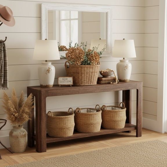 Finmind 63" Entryway Console Table, 2-Tier Narrow Farmhouse Sofa Table, Dark Brown