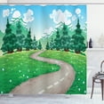 thumbnail image 1 of Spring Shower Curtain, Clear Blue Sky Landscape Spring Flowers and Pathway Among Pine Trees, Fabric Bathroom Set with Hooks, 69W X 75L Inches Long, Pale Blue and Hunter Green, by Ambesonne, 1 of 3