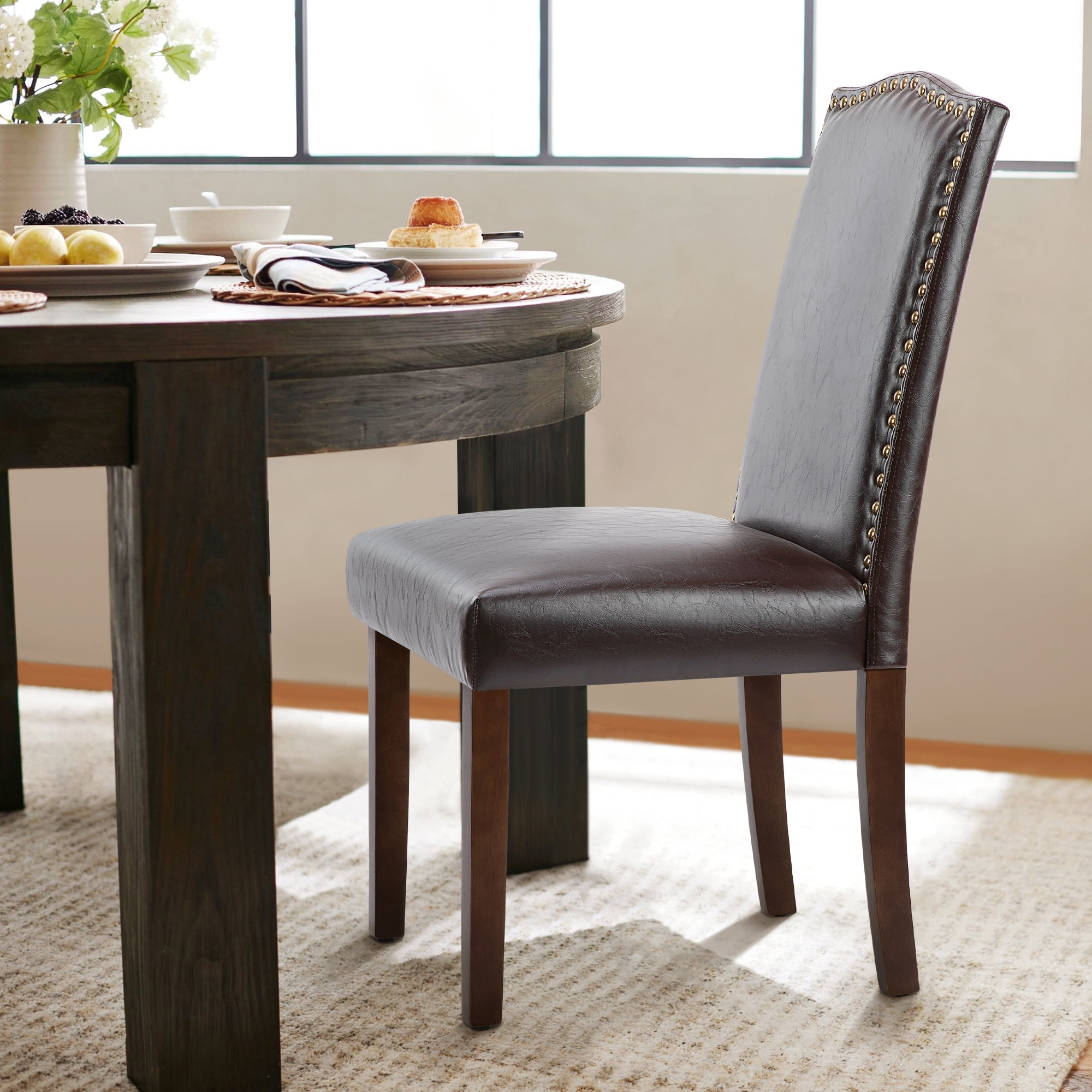 MCQ Dining Chairs Set of 2, Upholstered Fabric Kitchen Room Chairs, PU Leather, Brown