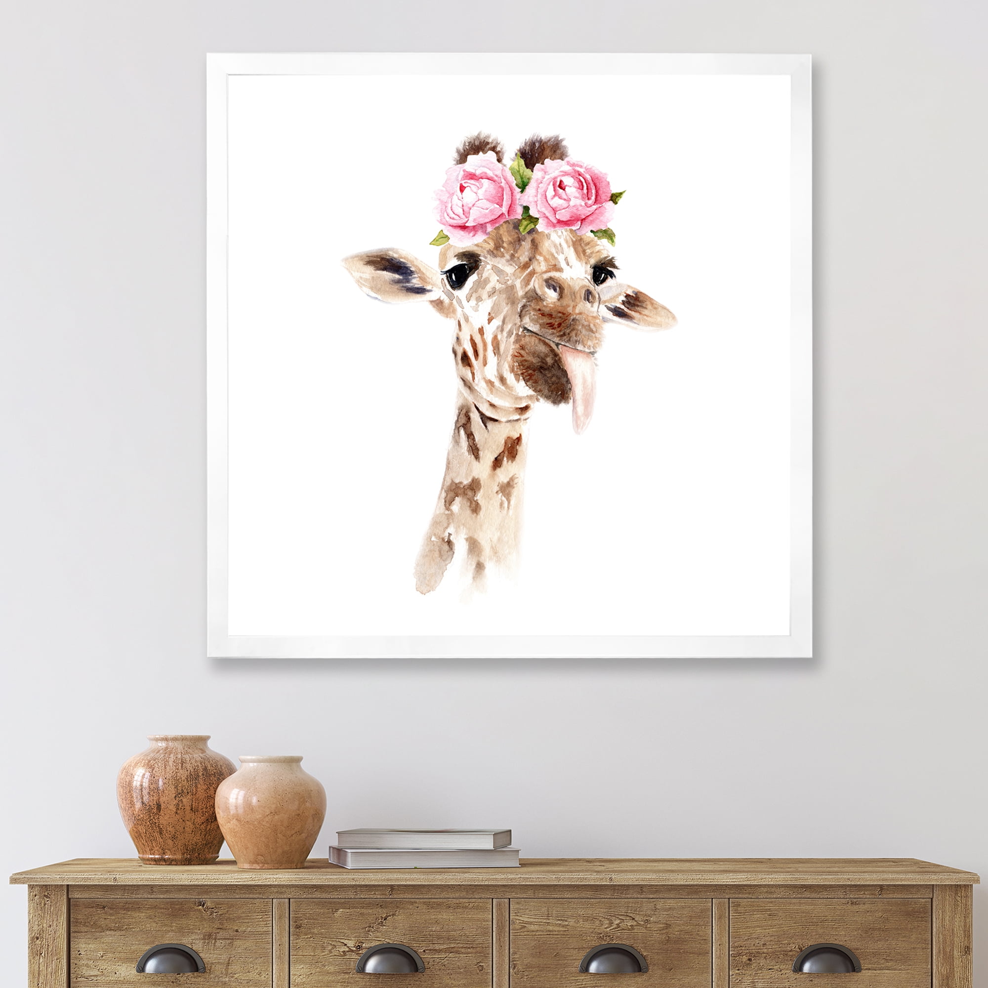 Designart 'Portrait of A Giraffe With Pink Flowers' Farmhouse Framed Art Print