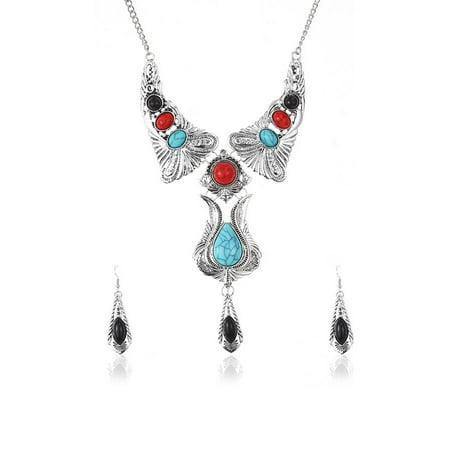 Novadab Dream Native Estate Turquoise Coral Statement Necklace With Earrings Jewelry Set For Women
