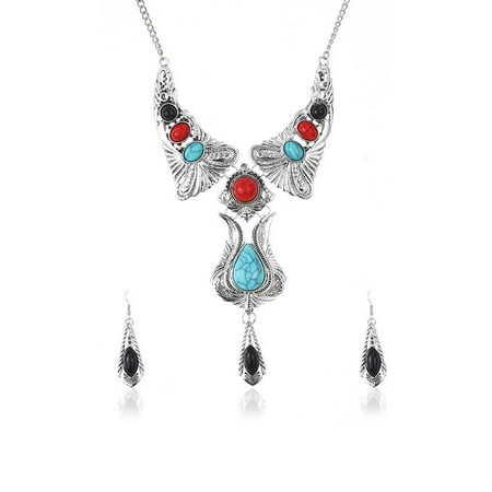 Turquoise Nugget Set - Novadab Dream Native Estate Turquoise Coral Statement Necklace With Earrings Jewelry Set For Women