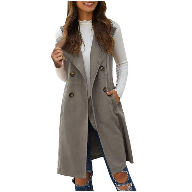 LOVZFMLL Vestes pour Femmes Mode Manteau à Poches Décontracté Long Sans Manches