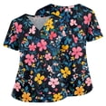 thumbnail image 2 of Delconic Womens Floral Print Scrub Top V Neck Short Sleeve Nurse Uniform Tunic with Pockets Side Slit Workwear Medical Top Black L, 2 of 6