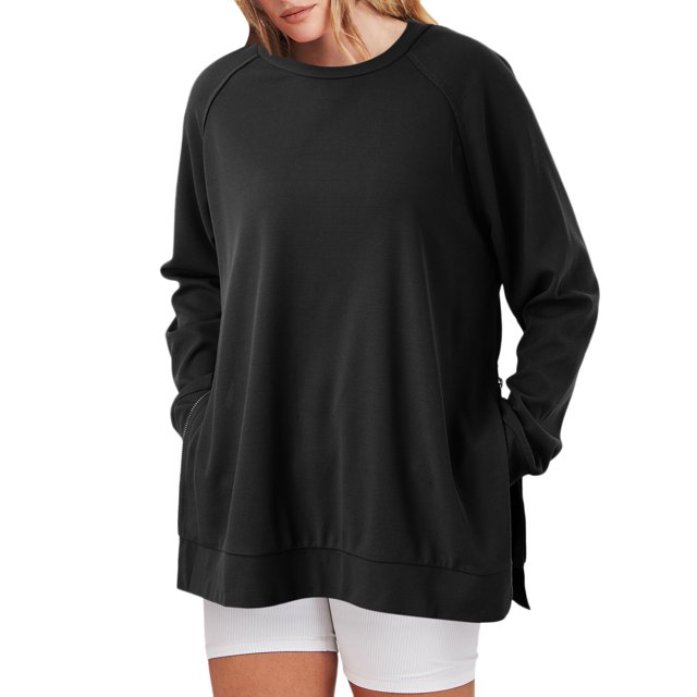 Women's Crew Neck Sweatshirt Loose Fit Oversized Pullover With Zippered Side Slits Long Sleeved Tops For Fall Fashion