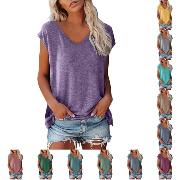 DHFJKG Cap Sleeve T Shirts For Women Casual Summer V Neck Loose Fit Solid Color Basic Tees Tops