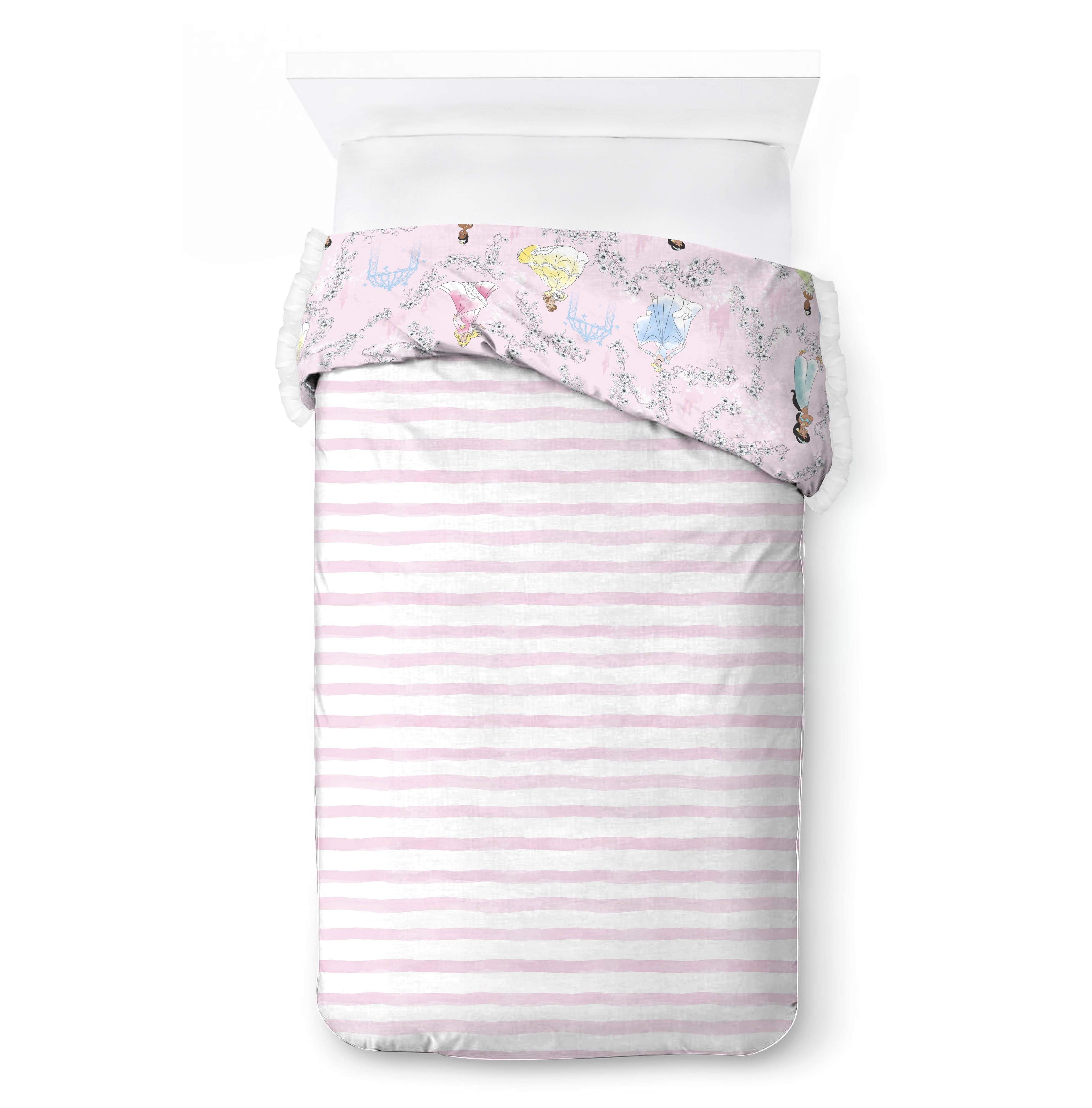 Princess Floral Gardens 2-Piece Twin/Full Reversible Comforter Set, Polyester Microfiber, Pink & White, Disney