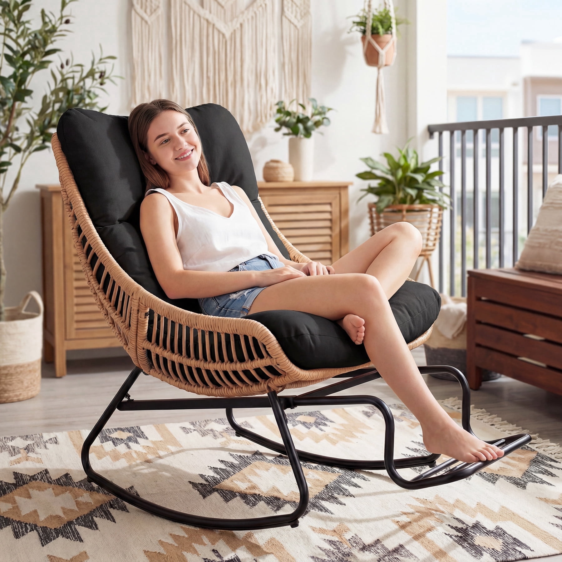 Tappio Rocking Papasan Chair with Adjustable Footrest, Outdoor Egg Rocking Chair with Thick Cushion and Steel Frame, Oversized Papasan Lounge Rocker for Garden, Porch, Living Room, Black