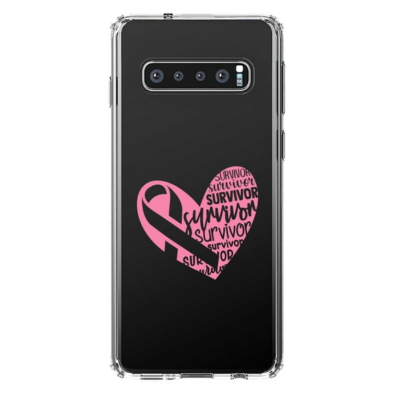 DistinctInk Clear Shockproof Hybrid Case for Samsung Galaxy S10 (6.1" Screen) - TPU Bumper Acrylic Back Tempered Glass Screen Protector - Pink Ribbon Cancer - Survivor Heart