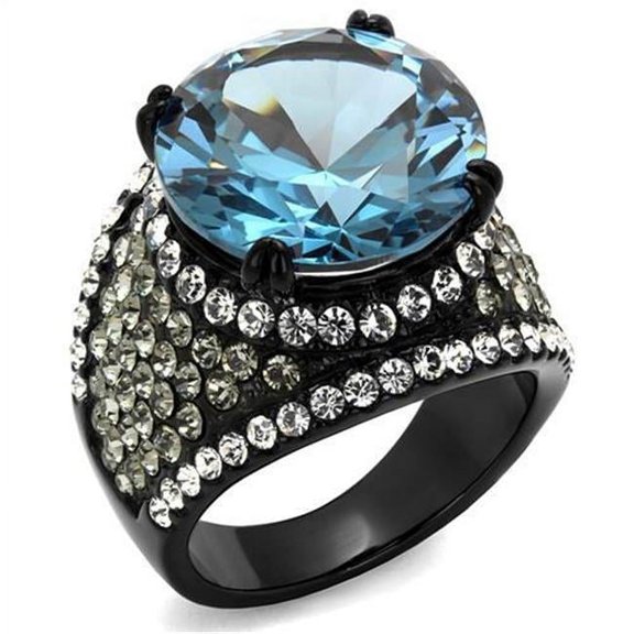 Alamode TK2555-6 Women IP Black Stainless Steel Ring with AAA Grade CZ in London Blue - Size 6