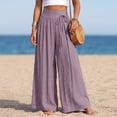 thumbnail image 2 of Women's Cotton Linen High Waist Tie Strap Pleated Wide Leg Pants, Elastic Waist Loose Pocket Resort Trousers, Soft Breathable Summer Bottoms for Travel Daily | TruHer,Purple S, 2 of 7
