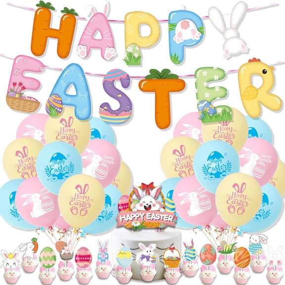 33Pcs Easter Decorations for Home Decor - Happy Easter Banners with 3D Bunny Backdrop for Photography Birth Party Favors for Class Office Ceiling Decor Yard Garden Outdoor