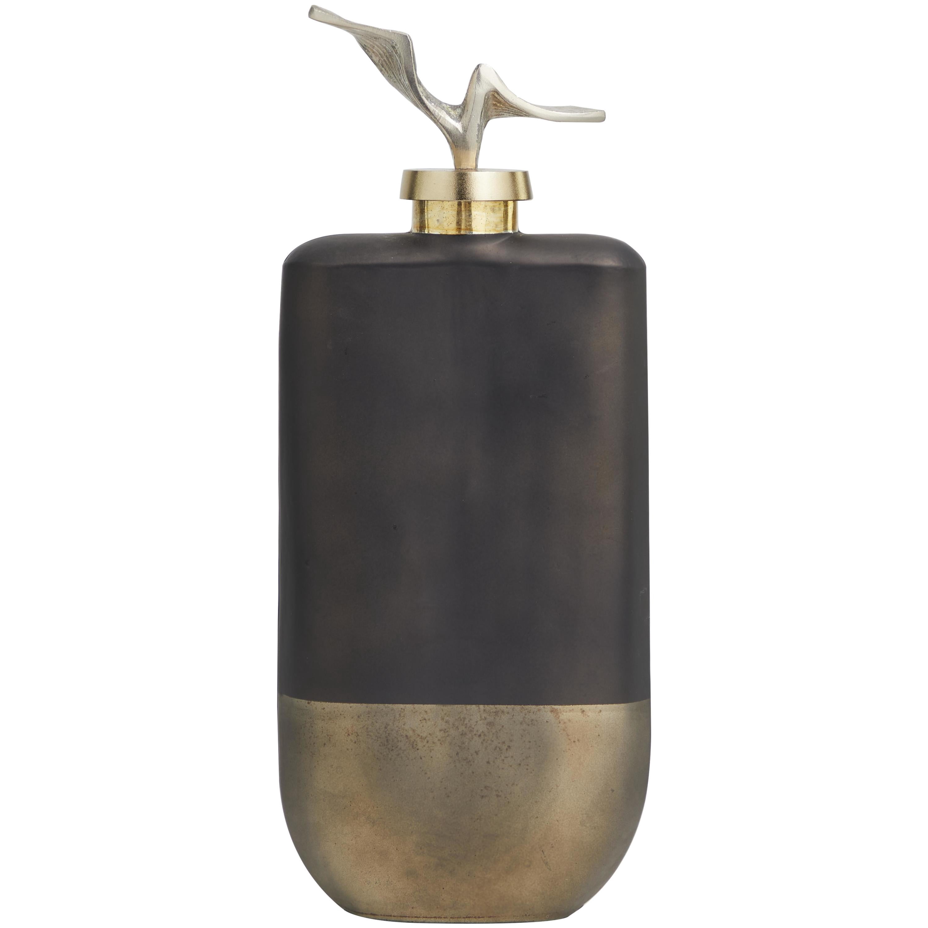 DecMode 7" x 16" Bronze Glass Abstract Colorblock Decorative Jars with Gold Accents and Silver Wave Designed Top, 1-Piece