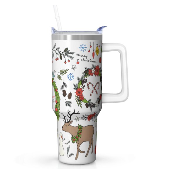 Festive 40oz Tumbler with Handle - Stainless Steel Snow Pattern, Double Wall Vacuum Insulated w/Straw Lid