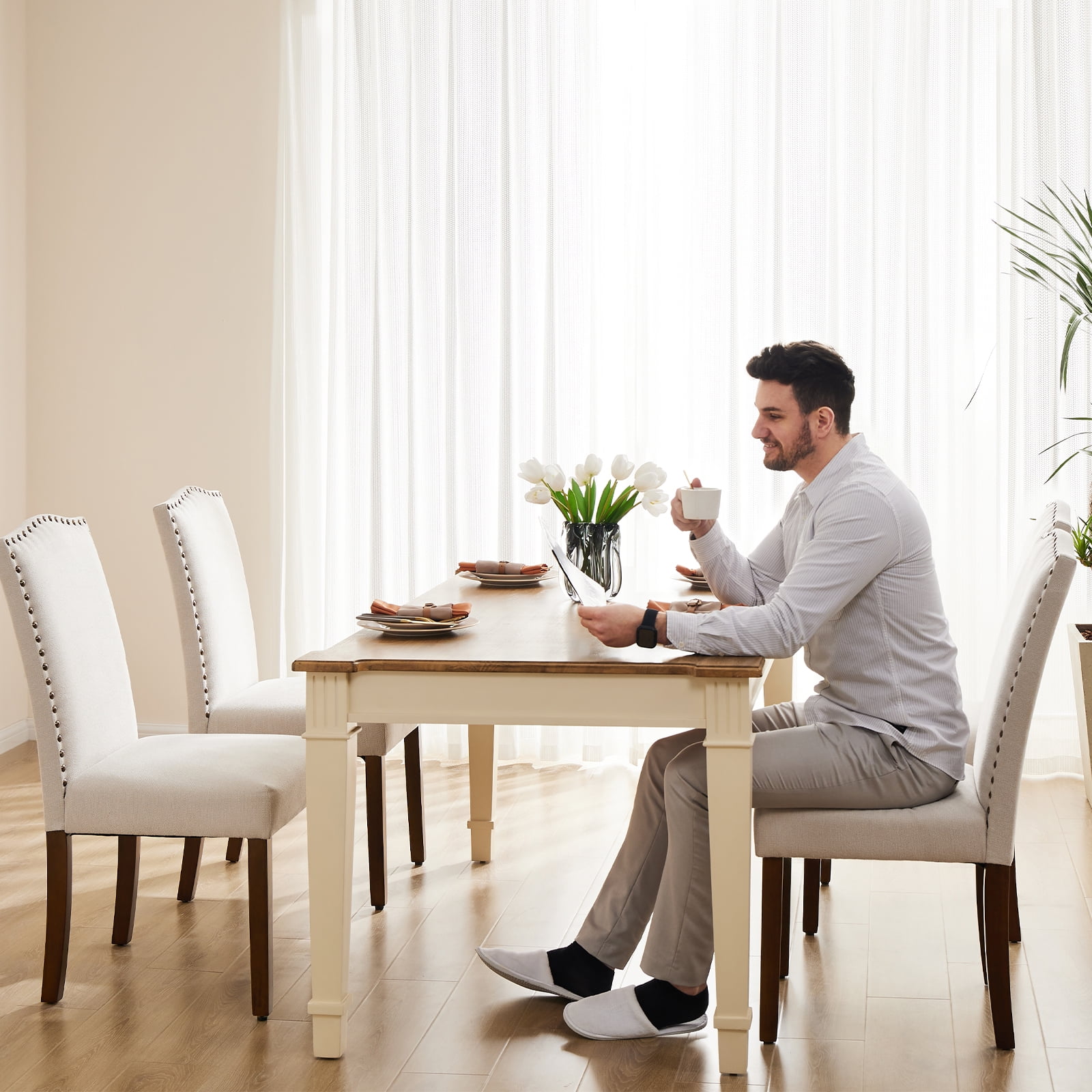 JOINSUN Set of 4 Home Dining Chairs, Parsons Back with Nailhead Trim and Wood Legs, Linen, Beige