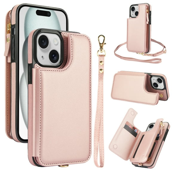 Wallet Case for Apple iPhone 15 Plus, with Crossbody Shoulder Strap & Hand Wrist Cards Holder Zipper Pocket Stand Feature Full Protective Shockpoof Phone Case for iPhone 15 Plus, Rosegold