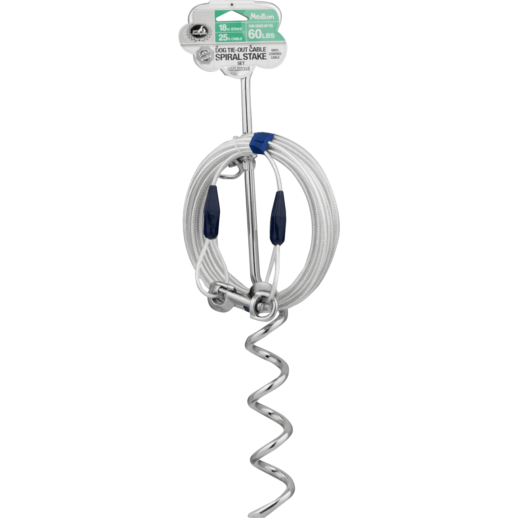 Pet Champion Dog Tie-Out Cable Spiral Stake Set 25' Medium Weight, 1.0 CT