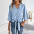 thumbnail image 4 of VEKDONE Women's V Neck Tie Front Blouse 3/4 Flare Sleeve Button Down Shirt Casual Loose Fit Lightweight Tunic Tops for Daily Wear Blue S, 4 of 7