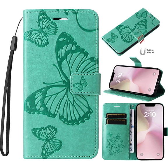For iPhone 16e Case,Slim Embossed Butterfly PU Leather and Soft Inner TPU Flip Kickstand Magnetic Closure Card Slots Wallet [RFID Blocking] Shockproof Cover with Wrist Strap,Green