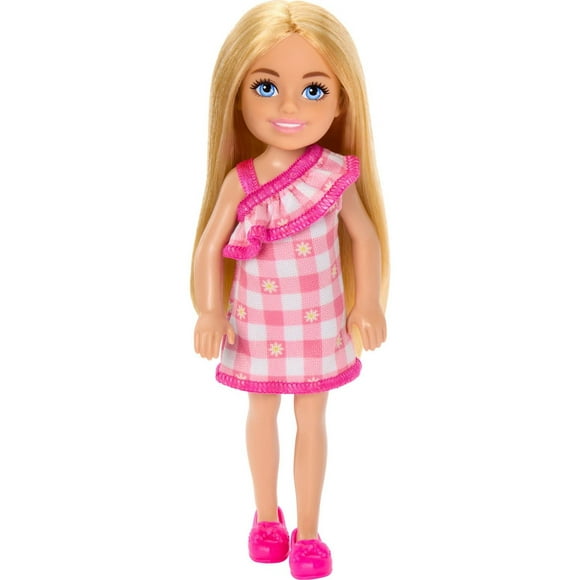 Barbie Chelsea Doll, Small Doll Wearing Removable Checked Dress with Blonde Hair & Blue Eyes
