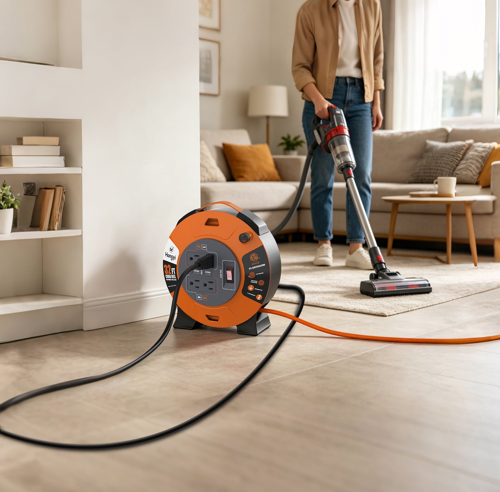 Hongyi Extension Cord Reel 32ft, 4 Outlet+2-USB Ports, 16AWG/3C, Orange