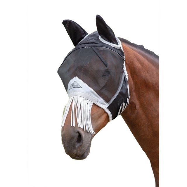 Shires - Máscara Antimoscas con Orejas y Flecos en Hocico de Red Fina (Negro)
