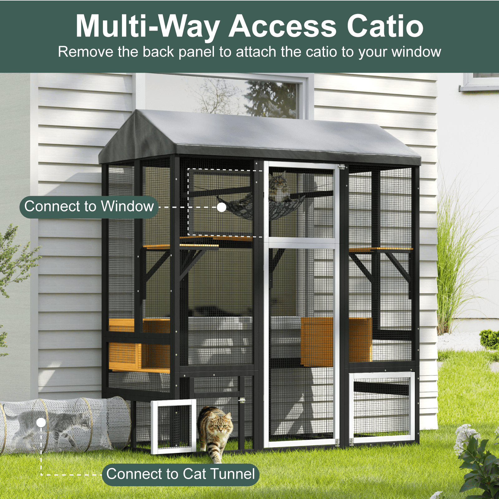 TIMHAKA 71'' Catio Outdoor Cat Enclosure, Large Cat Catio with Window Access, Hammock, 7 Platforms and 2 Resting Box, Black