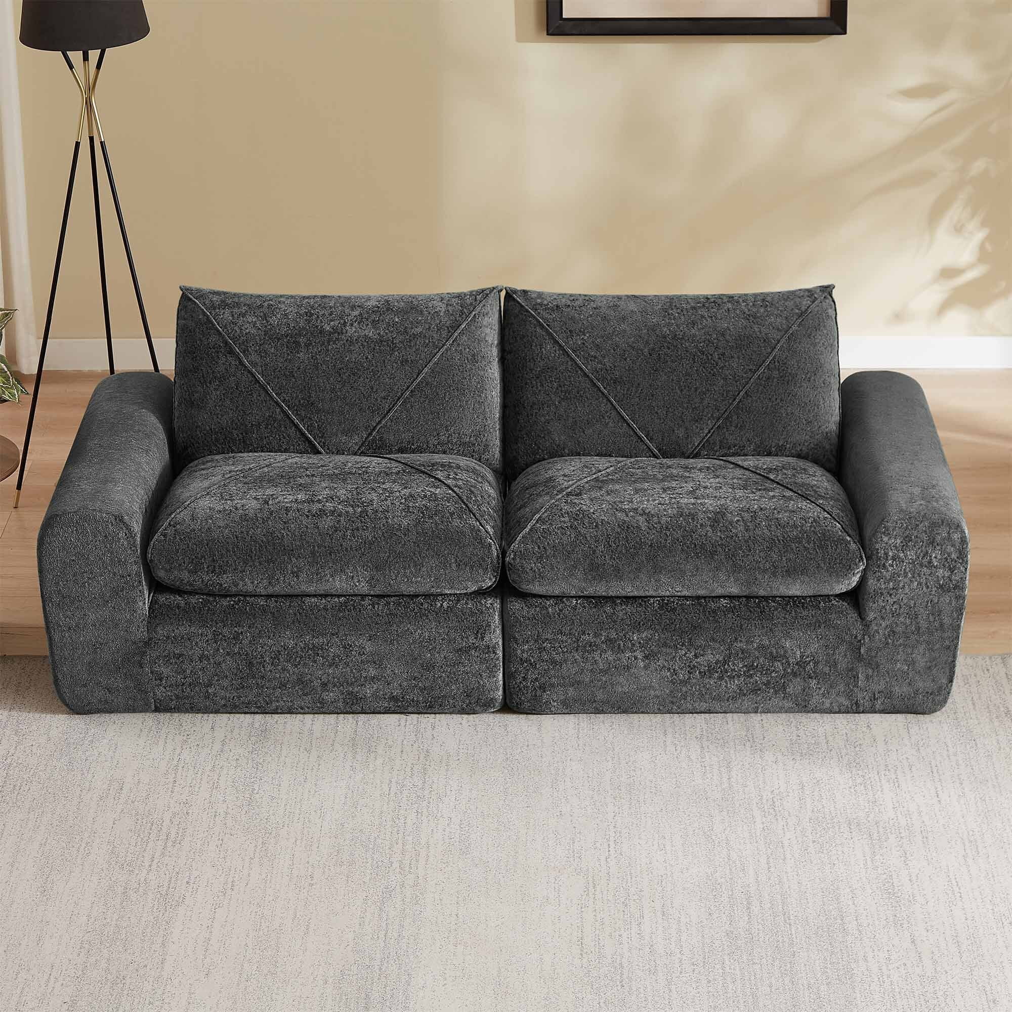Lunale Small Boneless Cloud Sofa, Modern 2-Seater Chenille Couch with Side Pockets for Living Room, Dark Gray