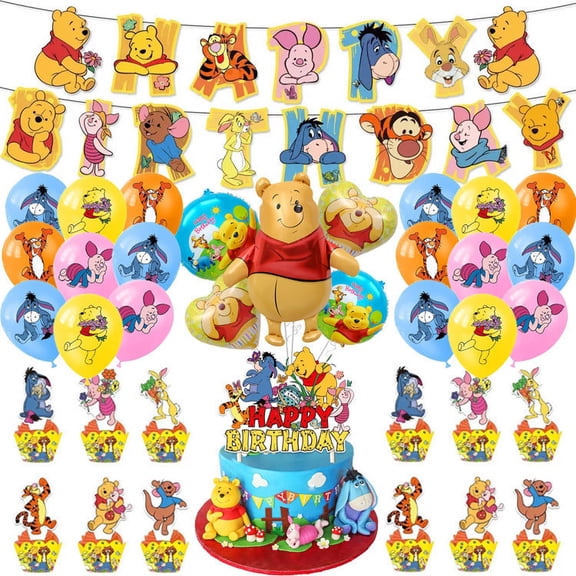 Win-nie Pooh Birthday Decorations Party Supplies Set,Include Banner, Foil Balloon, Cake Cupcake Toppers Theme Party