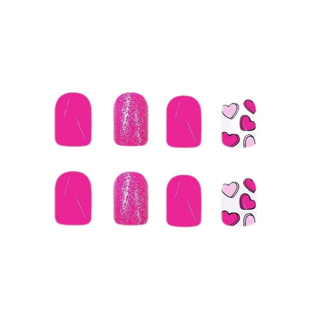 Uñas cortas y brillantes de forma cuadrada, diseño de corazón fucsia con purpurina para San Valentín, 24 piezas