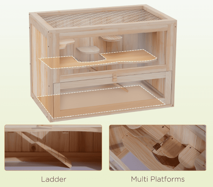 Hamster Cage 2 Level, Mice & Rat Habitat, Guinea Pig House - Wood Small Animal Cage w/Open Top, Front Door, Shelf & Ladder, Natural Finish