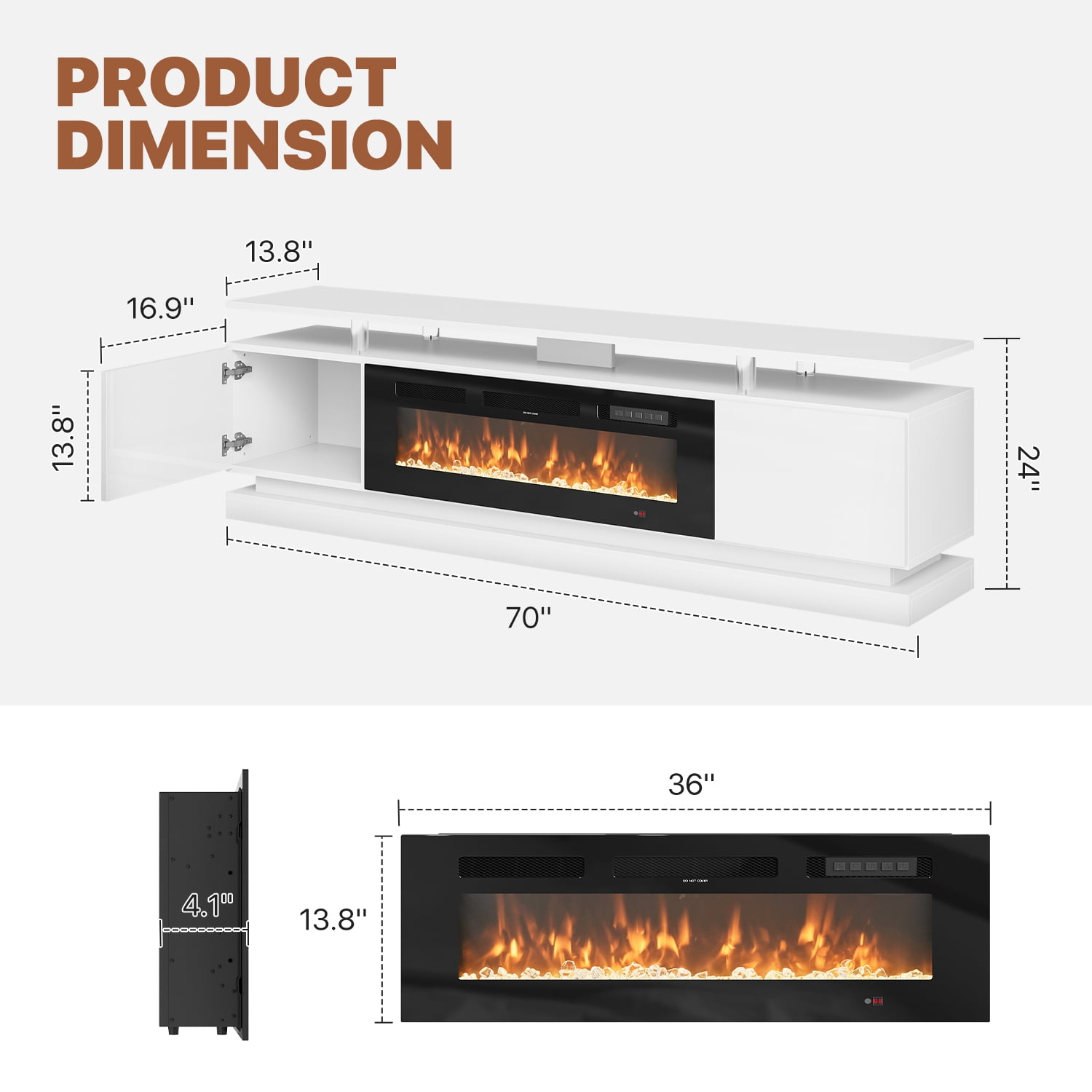 BaPiPro 70" Fireplace TV Stand for TVs Up to 80", Modern Entertainment Center, White TV Console with 36" Electric Fireplace & LED Lights, White