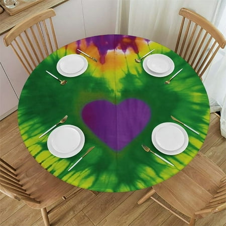JEUXUS Purple Heart Tie Dye Round Tablecloth, Elastic Table Cover Fitted Round,Retro Colorful Boho Reusable Polyester for Kitchen Dinning Party Patio Home Outdoor Decor